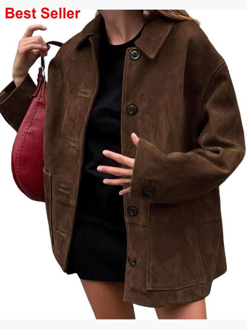 Women's Faux Suede Leather Midi Button Down Shacket Coat Jacket